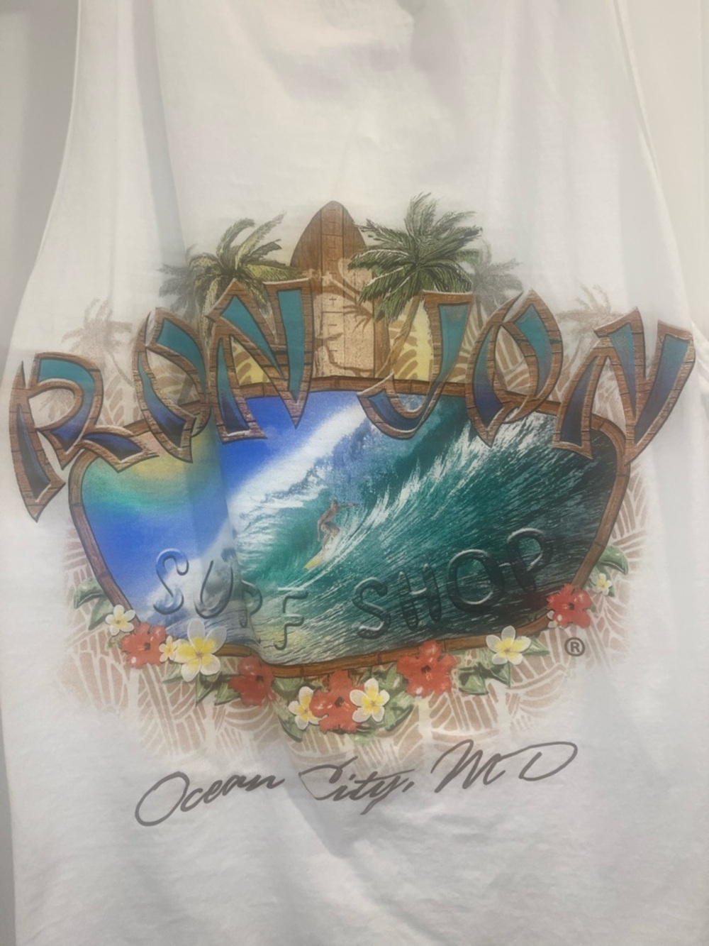 Ron Jon White Tank Top with Blue Surf Shop Logo and Tan Palms Size XL - Picture 2 of 5
